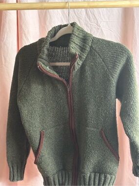 Zip-Front Olive Green Knit Hoodie Sweater